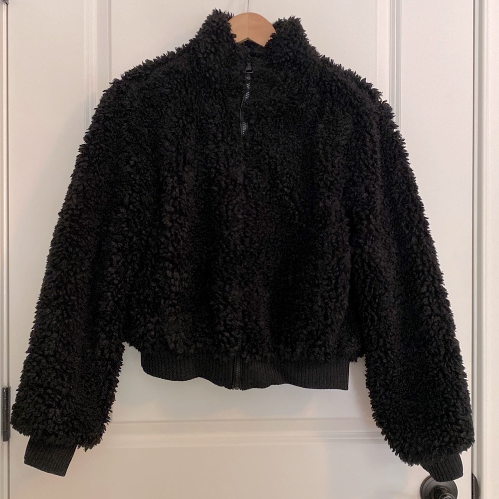 Teddybear Coat Jacket, Zipper Front, Pockets, Black, Sz Medium, Slightly Cropped